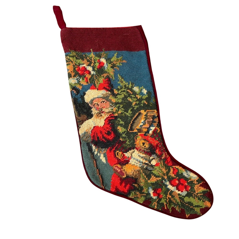 Vtg Needlepoint Stocking OS Red Santa Claus Teddy Bear